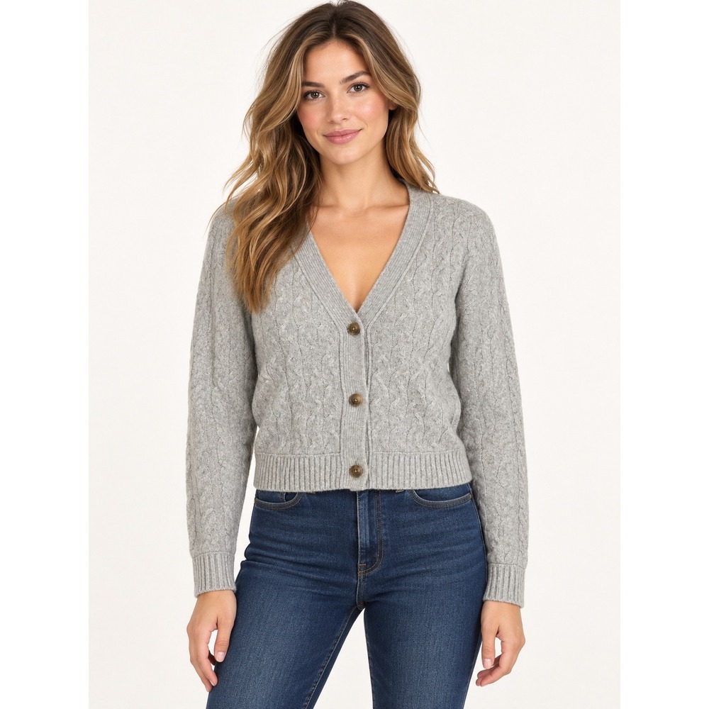 Lucky Brand Gray Cable Cardigan Sweater Knit V-Neck Button Front  XS